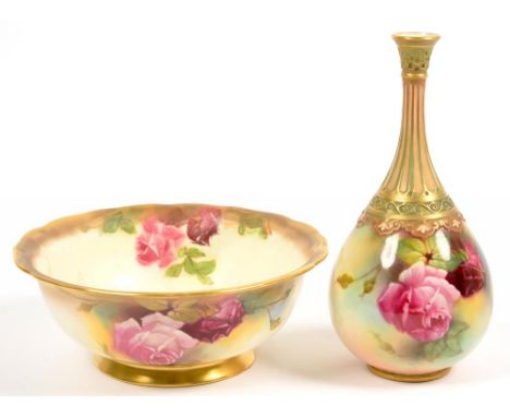 A ROYAL WORCESTER BOWL AND VASE, SIMILARLY PAINTED BY J. LANDER FOR M. HUNT, BOTH SIGNED, WITH HADLEY ROSES, VASE 21CM H, EAR