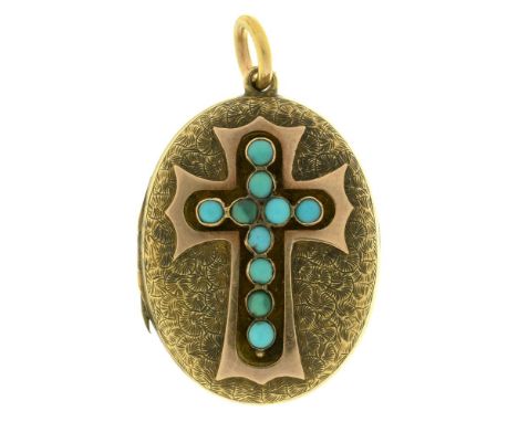 A VICTORIAN TURQUOISE CROSS LOCKET, IN GOLD, UNMARKED, 3.5 X 2.2 CM APPROX, INCLUDING BAIL, 8G++LIGHT WEAR CONSISTENT WITH AG