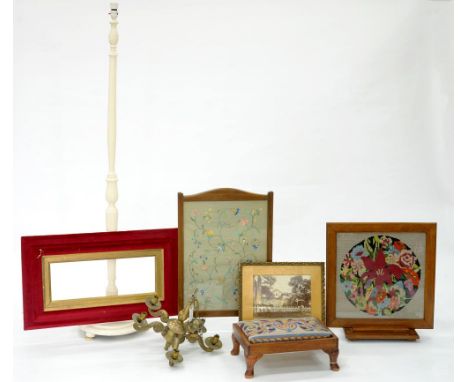 A MAHOGANY FIRE SCREEN WITH NEEDLEWORK BANNER, AN OAK FIRE SCREEN WITH WOOLWORK BANNER, A FOOTSTOOL, FIVE BRANCH BRASS CHANDE