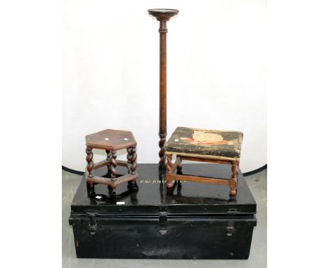 A JAPANNED METAL CABIN TRUNK, 33CM H; 88 X 46CM, A VICTORIAN FOOTSTOOL, THE WOOLWORK TOP FEATURING A CAT, ETC