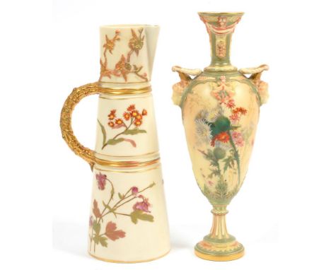 A ROYAL WORCESTER VASE WITH MASK HANDLES, PRINTED AND PAINTED WITH WILD FLOWERS, 26.5CM H AND A ROYAL WORCESTER IVORY GROUND 