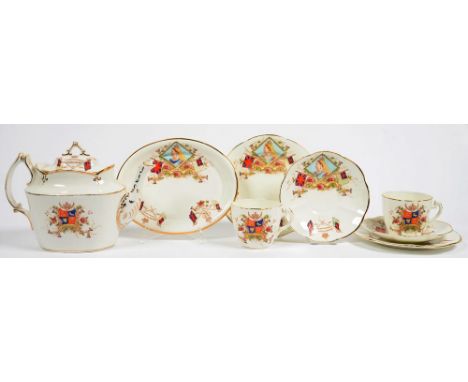 ROYAL DIAMOND JUBILEE, 1897. A STAFFORDSHIRE COMMEMORATIVE EARTHENWARE PART TEA SERVICE, COMPRISING OVAL TEAPOT, COVER AND ST