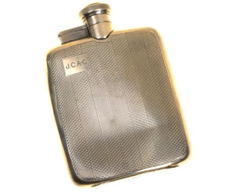 A GEORGE V SILVER HIP FLASK, 12 CM, SHEFFIELD 1929, 4OZS 2DWTS++DENTED. CAP IN GOOD WORKING ORDER