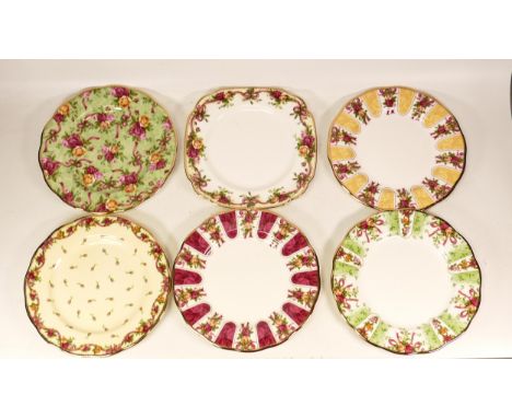 Six Royal Albert Old Country Roses Ruby Celebration side plates including Green Damask, Ruby Damask, Yellow Rosebud, Gold Dam
