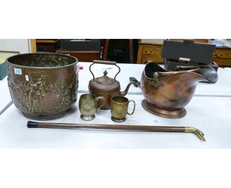 A Collection of Metalware Items to include Large Embossed Planter, Coal Scuttle, Walking Stick, Copper Kettle etc. 