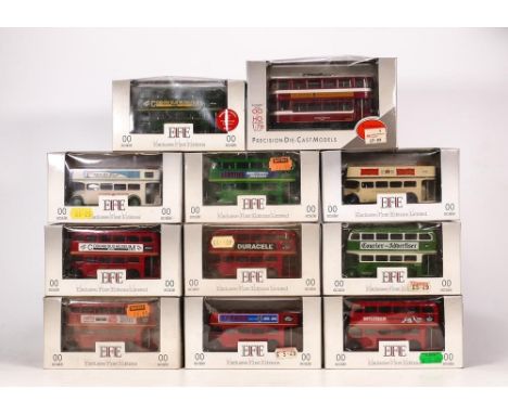 A collection of Exclusive First Edition OO scale Model Buses including E10102, E10203, Dundee Courier 10113, Brylcream Bus 11