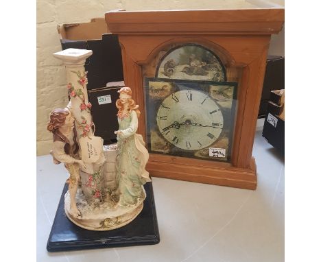 Hobbyist made pine wall clock together with continental figural group