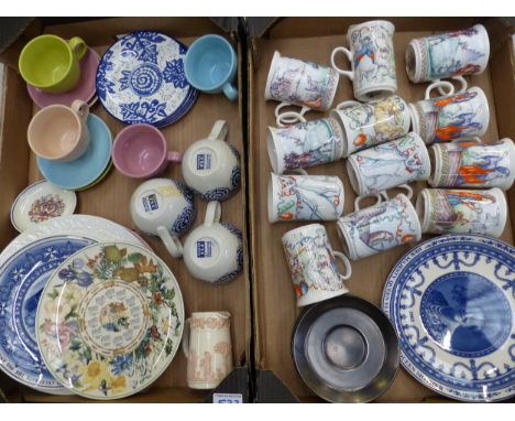 A mixed collection of ceramic items to include 2 sets of 6 churchill mugs, royal commemorative items, pottery barn cups and s