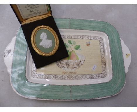 Wedgwood portrait medallion in white on sage green jasper in an ormalu frame 'The Queen Mother' together with Wedgwood Sarahs