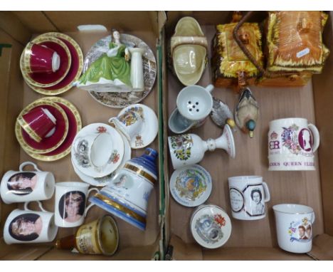 A mixed collection of ceramic items to include Royal Commemorative items, cottage ware tea pot and biscuit barrel, damaged ro