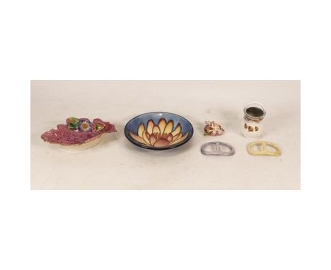 Moorcroft waterlily MCC 2001 boxed coaster, Royal Doulton miniature bucket decorated with sheep, Royal Worcester lustre pin d