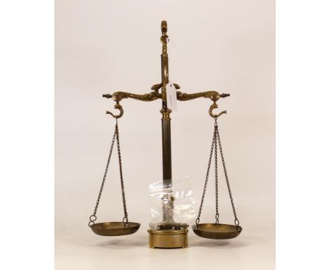 Set of unusual brass scales and weights, 38cm high. 