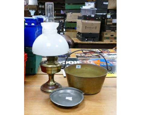 Heavy Brass Jam Pan together with Aladdin Brass Oil lamp &amp; Civic Pewter handled dish (3) 