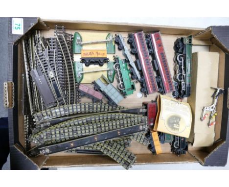 A collection of Hornby Dublo model railway items to include Duchess of Montrose steam engine, metal crossing, carriages, sign