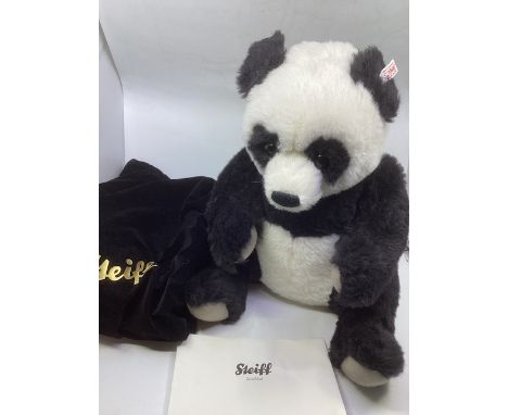     Steiff German large oversized( unused) Teddy bear Large white tag Panda vintage mohair toy , with black Velvet steiff  st