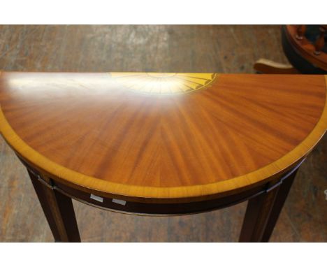 Inlaid mahogany demi lune table, together with a small octagonal inlaid lamp table (2)