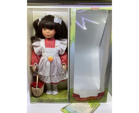     Steiff German boxed Mimi large 50cm Boxed doll ( 1987 range series issue) in red striped dress and over pinafore , steiff