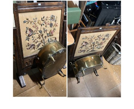 An oak embroidered panel fire screen and large oval Brass trough on claw feet.