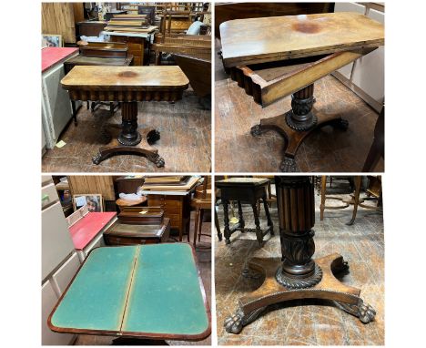 A Walnut inlaid card table, fluted frieze contains storage area over ornate carved column pedestal with shaped platform base 