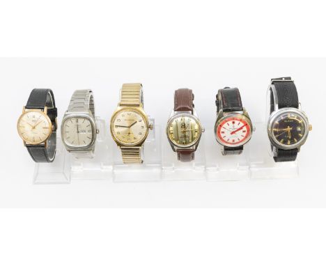 Selection of six vintage watches.  To include a Henri Sandoz & Fils 17 Jewels Shockproof watch with black leather strap, a Sm