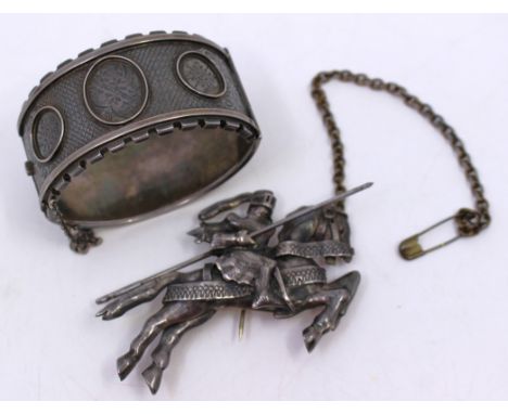 Unmarked White Metal Hinged Bangle with Safety Chain and Vintage Sterling Silver Medieval Jousting Knight Brooch marked "PATO