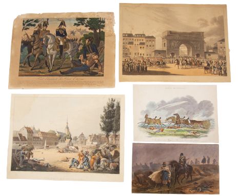 Napoleonic Wars. A collection of prints to include two hand-coloured aquatint etchings by R. Bowyer, 1815 (View of the Grimma