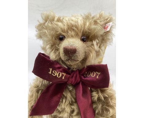     Steiff  excellent Vintage 1907-2007 100 year anniversary 11” teddy bear 662676 with burgundy neck bow (1)