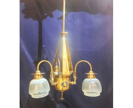 A Brass Arts and Crafts ceiling hanging light with yellow Vaseline shades with 3 Ruskin style cabochons  68 cm full length dr