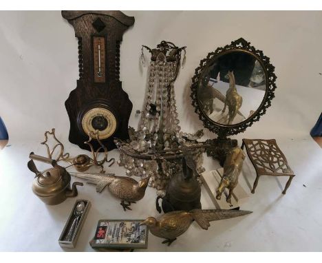 A collection of brassware together with a glass droplet ceiling light, a brass table mirror, cutlery, a banjo barometer circa