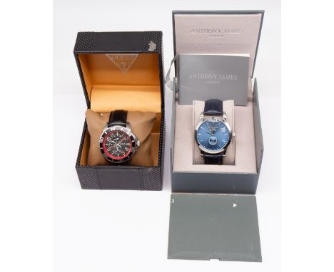 Men's Dress Watches x2.  To include an Anthony James London Distinction watch boxed and a Guess Men's Multi Dial Quartz watch