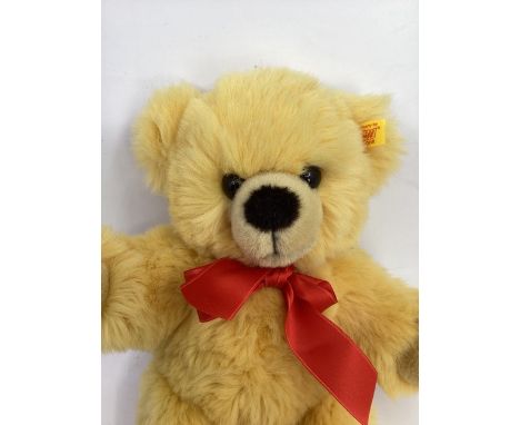    Steiff excellent 663635 Golden Plush cosy bear Dangling Bobby bear baby teddy bear 12” vintage bear with red bow and ear t