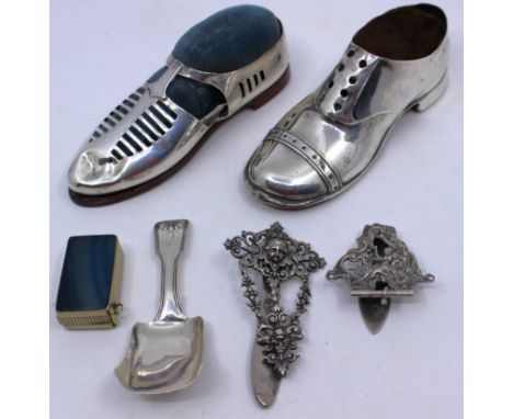 Selection of Silver Items. To include two Antique Sterling Silver Shoe Design Pin Cushions, a Sterling Silver Caddy Spoon, an