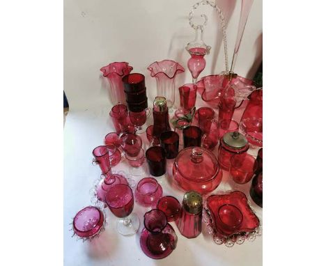 A quantity of Victorian and later cranberry glass items to include an epergne (af) (3)