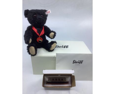    Steiff titanic teddy bear with boat model special piece- ref 663888 Anniversary 1912 black teddy bear , with medal and woo