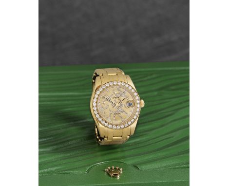 Rolex. A fine and rare lady's 18K gold diamond set automatic calendar bracelet watchModel: DatejustReference: 81298Date: Circ