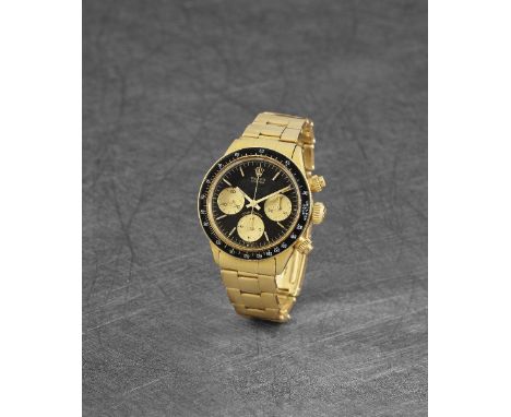 Rolex. A fine and exceptionally rare 18K gold manual wind chronograph bracelet watch with ghost showing of a 'Khanjar' dialMo