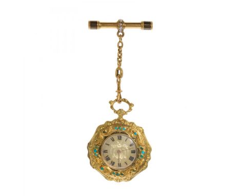 Pocket watch in 18 kts. yellow gold "MORANTI GENEVA". S. XIX. Enamel, pearls and blue stones. White dial, Roman numerals.Chai