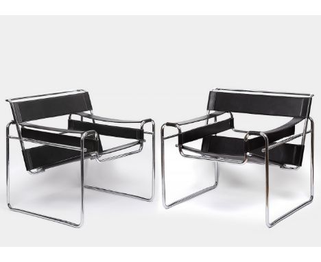 After MARCEL BREUER (Hungary, 1902 - United States, 1981).Pair of "Wassily" armchairs, 1960s-70s.Steel and black leather.Good