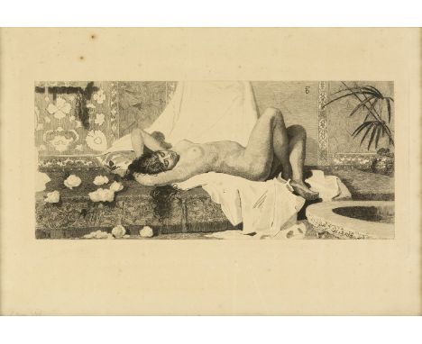 Orientalist school; 19th century."Odalisque".Etching on paper.Signed in plate in the inferior zone.Size: 33 x 49 cm; 35,5 x 5