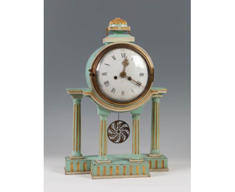 Louis XVI clock; France, late 18th century.Polychromed and gilded wood.Measurements: 48 x 32 x 14 cm.Louis XVI style table cl