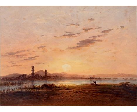 Hildebrandt, Eduard (1818 Danzig - 1869 Berlin)"Whampoa" oder "Whampoa. Sonnenuntergang". Chromolithografie nach einem Aquare