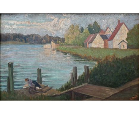 Schnell, R. (1. Hälfte 20. Jh.)Sommertag mit Wäsche am See. Öl auf Malpappe. Unten rechts signiert. In schwerem, goldgefasste