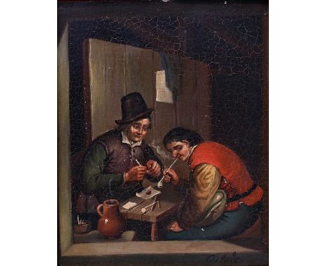 Ostade, Adriaen, nach.Zwei Pfeiferaucher. Öl auf Pappe, re. u. bezeichnet "Ostade", gerahmt. Ra. 33 x 29 cm After Adriaen Ost