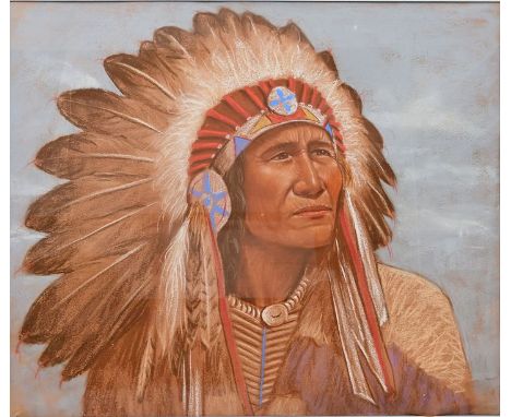 George, GaryPorträt eines Häuptlings. Farbkreidezeichnung, hinter Glas mit Pp. gerahmt. BA 47,5 x 59,5 cm, Ra. 72 x 82,5 cm P