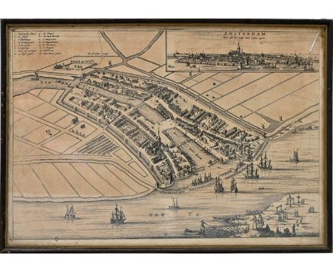 Plan von Amsterdam im Jahr 1400.Kupferstich auf Bütten, Ansicht aus der Vogelperspektive, re. o. Ansicht und Titel "Amsterdam