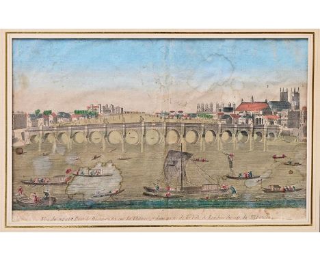 Ansicht von London (Westminster Brücke), 3. Viertel 18. Jh.Guckkastenblatt. Kupferstich auf Bütten, alt koloriert, im unt. Pl