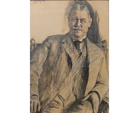 Reusing, Fritz (1874 Mühlheim am Rhein - 1956 Haan)Portrait eines Herrn mit Schnauzbart und gescheiteltem Haar. Kohle und Far
