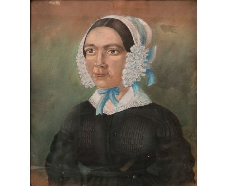 Maler des Biedermeier, um 1830/40Bildnis einer Frau mit weißer Haube und schwarzem Kleid, Pastell, am re. Rand unleserl. sign