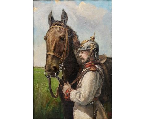 Monogrammiert J. E. H.Preußischer Kavallerist mit seinem Pferd. Öl auf Leinwand, 1873. Unten rechts monogrammiert und datiert
