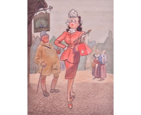 Cartoon of a London Lady - a piece of original mixed media artwork, pencil and watercolour, depicting a a woman dressed in pi